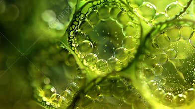 A microscopic view of a chloroplast of a plant undergoing photosynthesis. The thylakoids are filled with tiny bubbles