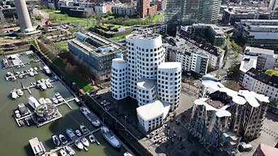 Dusseldorf, North Rhine Westphalia, Germany, March 31th, 2024: One of the Neuer Zollhof or Der Neue Zollhof buildings
