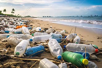 Coastal pollution with plastic bottles and debris on a sandy beach