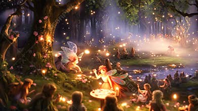 Fairytale scene with fairies in the forest. Fairy tale, AI Generated