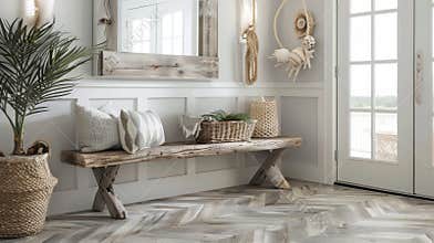 Finally the entryway of the beach house showcases a stunning LVT flooring in a herringbone pattern. The walls are