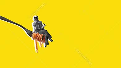 Stop motion. Animation. Young stylish woman sitting on fork with delicious spaghetti, pasta isolated over yellow