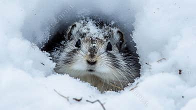 Closeup of a Collared Lemming emerging from its snow burrow its fluffy fur covered in snow and its head peeking through