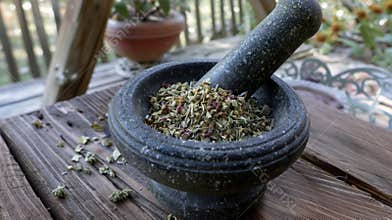 A mortar and pestle filled with dried herbs and es ready to be ground into a fragrant and theutic blend for healing