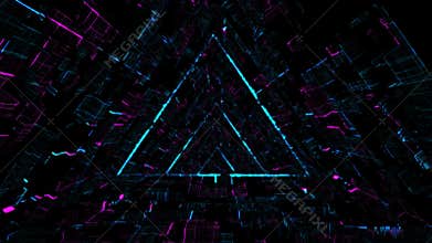 Flying through glowing neon triangle tunnel made of morphing digital patterns