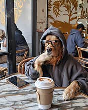 an elegant Golden Retriever wearing black glasses and a hoodie, sitting at a table in a coffee shop with a latte on it