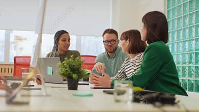 Young multiethnic staff listening young female team leader. Businesswoman company boss make speech, reporting about