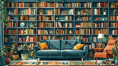 Artificial Intelligence Collage Template: Large Bookcase Filled with Books in a House Interior for Banner or Poster Design