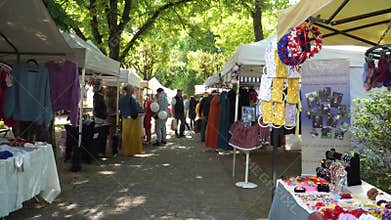 People look at goods in street sale stands in summer