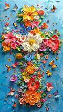 Vibrant floral cross composed of vivid blossoms and butterflies on a bright blue background. Concept of Easter