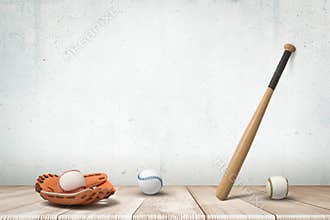 3d rendering of baseball, bat and glove on wooden floor