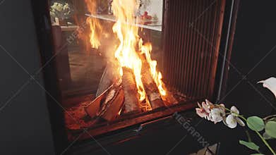 a large flame of fire in a cozy two-sided fireplace with glass doors overlooking the kitchen, flowers in glass vases on