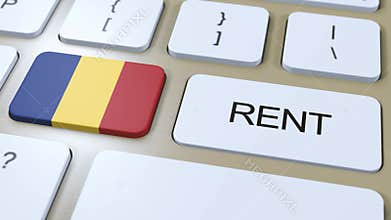 Romania Rent Concept. 3D Animation. Country Flag with Text Rent on Button