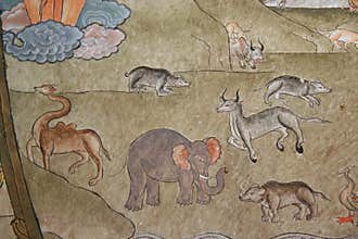 mural painting in a buddhist fortress (simtokha dzong) in thimphu (bhutan)