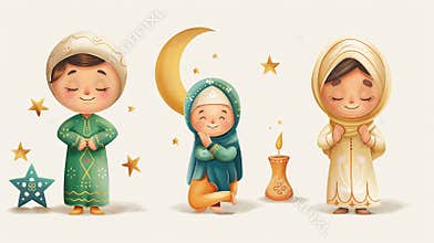 Ramadan clip art - set of Ramadan cartoon characters and design elements, traditional Eid motifs, such as the crescent