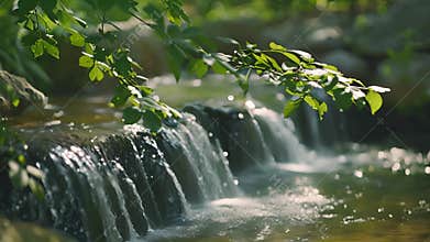 A small stream its babbling flow harmonizing with the soft whispers of the tree branches as they sway in the breeze