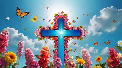 Floral cross under sunny sky with butterflies. Decorative cross surrounded by flowers and butterflies. Concept of