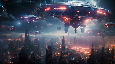 Futuristic alien spaceship flying over the city. 3D rendering, war of the world with gigantic spaceships above a city, tentacles