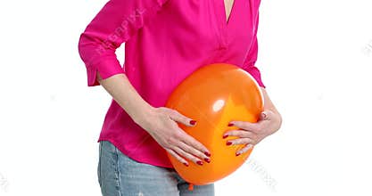 Woman holding on to sick stomach with balloon on white background 4k movie