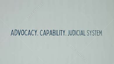 Advocacy. Capability. Judicial System inscription on white paper sheet background. Graphic presentation with words
