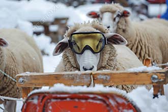 sheep with ski glasses surrounding a sled