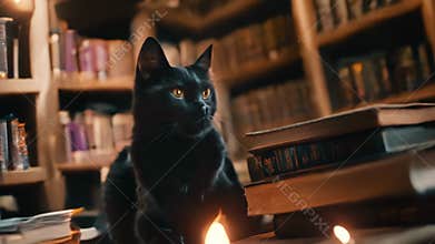 Mystical black cat with glowing eyes with old magical books in library by candlelit. Feline familiar in witch’s study