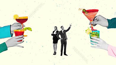 Stop motion, animation. Creative design. Business people, man and woman attending bar, drinking cocktails