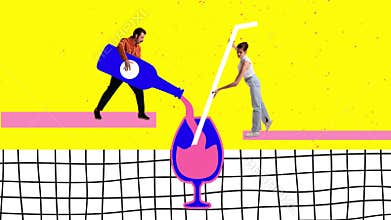 Stop motion, animation. Inspiration, idea, trendy urban magazine style. Young people going to alcohol party, drinking