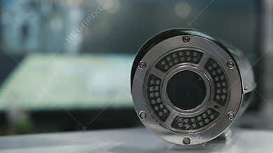 CCTV Camera on Exhibition. Control of Order by Security Authorities. Protection and Safety Concept.