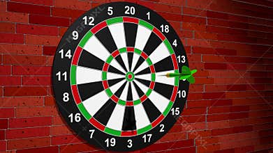 Green dart hits the center of the target, the word WIN appears on the board against red brick wall background