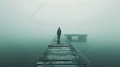 A person stands alone on a dock, surrounded by fog, An eerie apparition standing at the end of a foggy pier, AI Generated