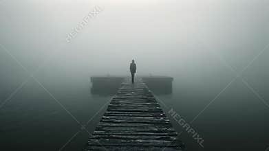 Person Standing on Foggy Dock at Sunrise, An eerie apparition standing at the end of a foggy pier, AI Generated