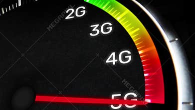Speedometer-Style Gauge Displaying Mobile Network Evolution from 2G to 5G with Color Gradient