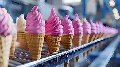 Making ice cream in a cone at a factory. Selective focus.