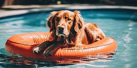 Dog swims in pool with inflatable mattress and circle of water.
