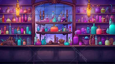 Witch or wizard alchemical laboratory with magic books and potions with mystic glow at night. Alchemist lab interior