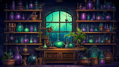 Witch or wizard alchemical laboratory with magic books and potions with mystic glow at night. Alchemist lab interior