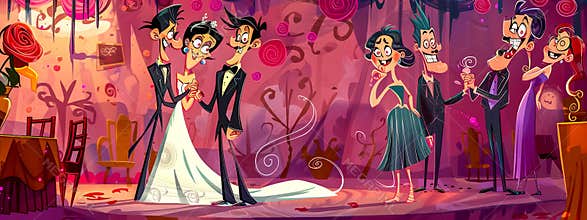 Vibrant, cartoon illustration of a whimsical wedding scene with quirky characters and festive ambience