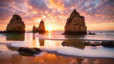 Twelve Apostles at sunset, Great Ocean Road, Victoria, Australia, Sunset at the beach in Lagos, Portugal. Long exposure, AI