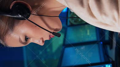 Workplace of the air traffic controllers in the control tower. Team of professional aircraft control officers works