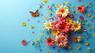 Vibrant floral cross composed of vivid blossoms and butterflies on a bright blue backdrop. Concept of Easter, greetings