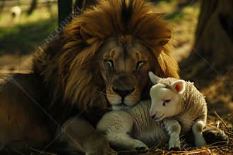 Gentle giant lion nuzzling a serene lamb in a tranquil setting.