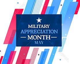 Military Appreciation Month Background with Patriotic Colorful shapes, stars and text in the box