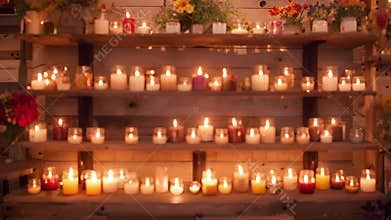 A cozy corner of the boutique filled with shelves of different sized mason jars each holding a different colored and