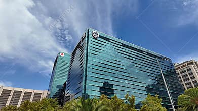 Looking up to modern buildings in the city centre Cape Town.