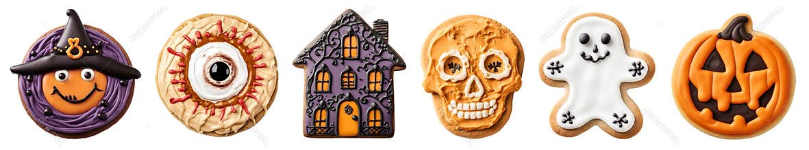 Set of Gingerbread halloween Jack O Lantern, skull, ghost, haunted house, witch, eyeball cookie biscuit on transparent PNG
