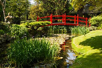 Red bridge. Irish National Stud's Japanese Gardens. Kildare. Ireland