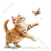 A playful cat chasing a butterfly, painted in whimsical watercolor tones, beautifully isolated on a