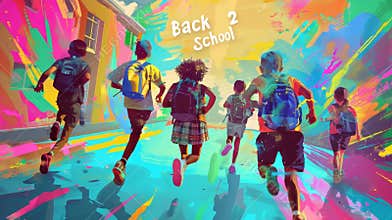 back to school, kids running towards a school