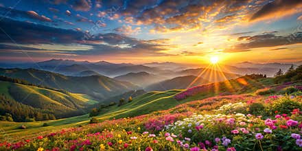 Sunrise over lush hills and vibrant flowers AI-Generated Content